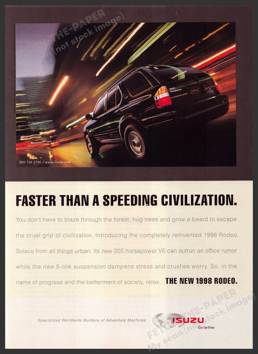 Isuzu Rodeo 1990s Magazine Print Ad 1998 "Faster than a speeding civilization" Isuzu Rodeo