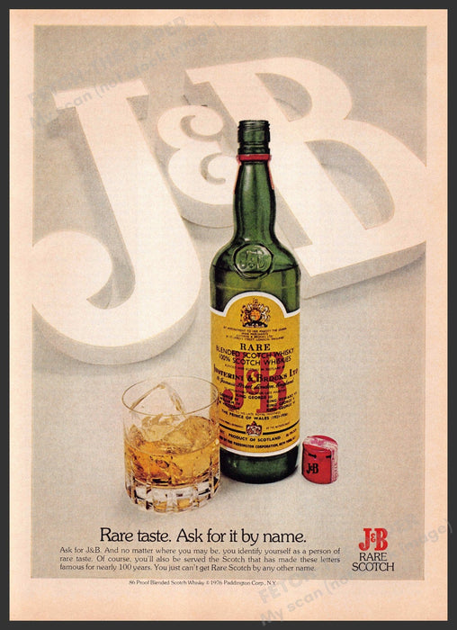 J&B Scotch 1970s Print Advertisement 1976 "Rare taste. Ask for by name." Fetch-the-Paper