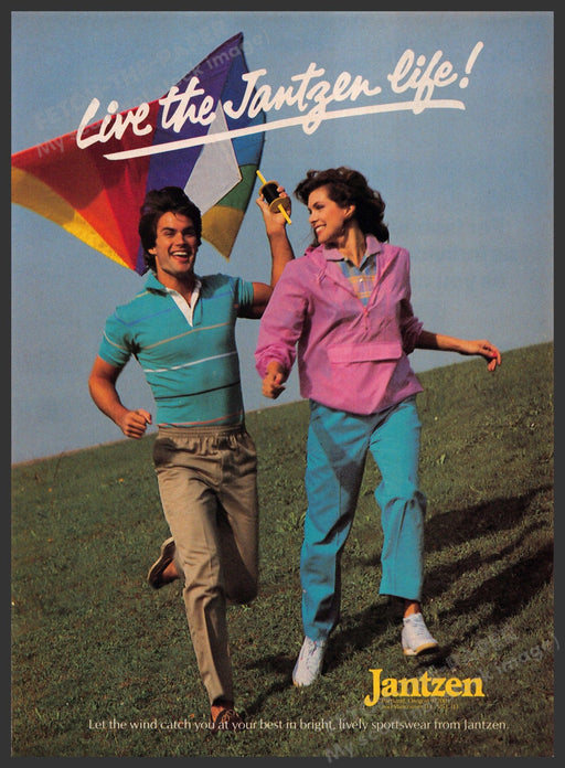 Jantzen Clothing 1980s Print Advertisement 1984 Couple Flying a Kite Fetch-the-Paper