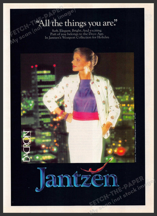 Jantzen Dacron Clothing 1980s Print Advertisement 1982 Night Cityscape Fetch-the-Paper