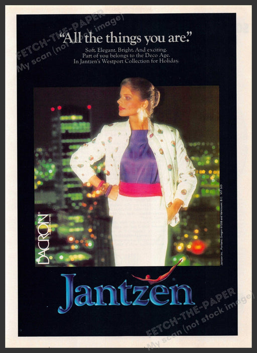 Jantzen Dacron Clothing 1980s Print Advertisement 1982 Night Cityscape Fetch-the-Paper
