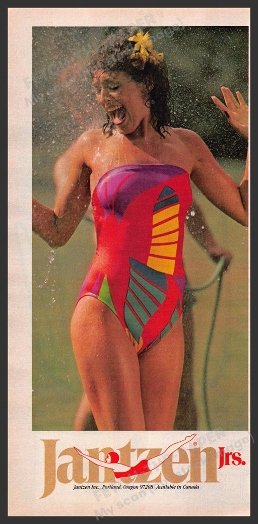 Jantzen Jrs Swimwear 1980s Print Advertisement 1981 Splashing in Garden Hose Jantzen