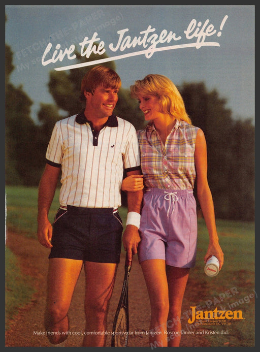 Jantzen Sportswear 1980s Print Advertisement 1984 Couple Tennis Legs Life Fetch-the-Paper