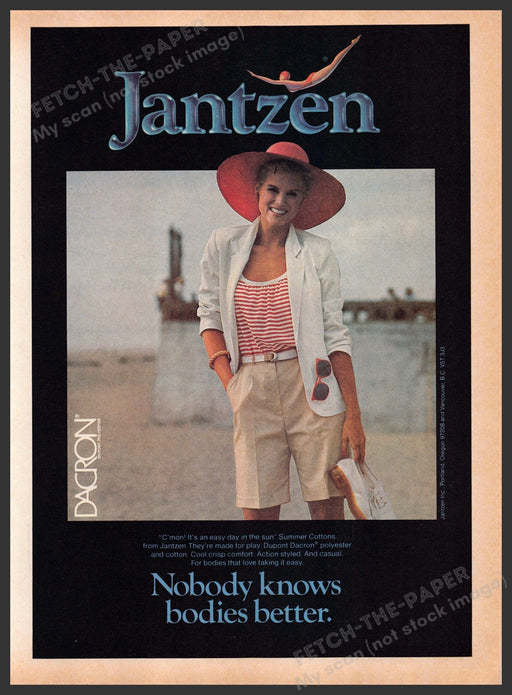 Jantzen Swimwear 1980s Print Advertisement 1982 Legs Beach Pier Sand Fetch-the-Paper