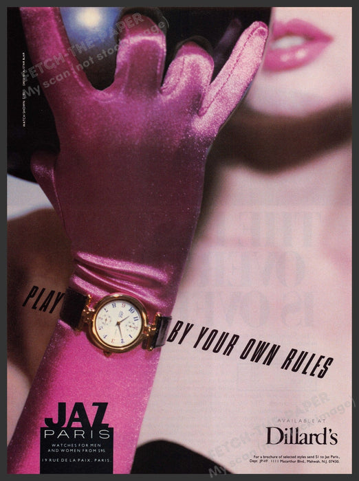 Jaz Paris Watches 1980s Print Advertisement Ad 1988 Bowler Woman Gloves Fetch-the-Paper