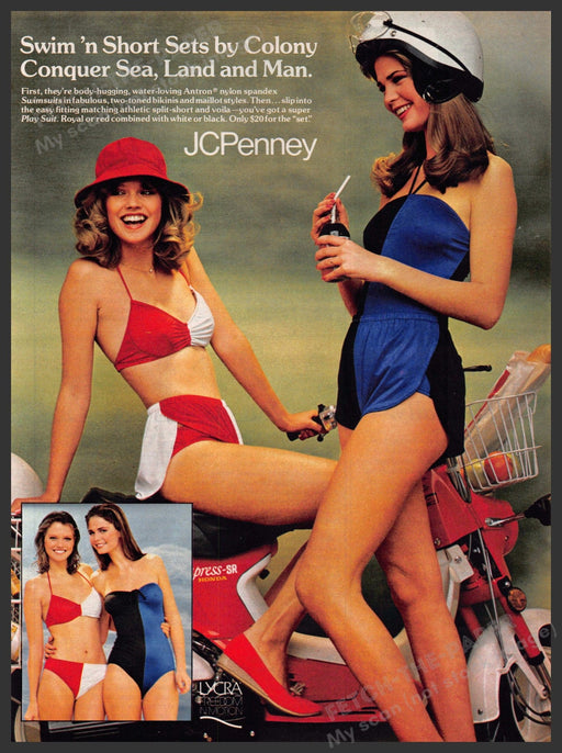 JCPenney Colony Swimwear 1980s Print Advertisement 1981 Legs Girl on Scooter JCPenney