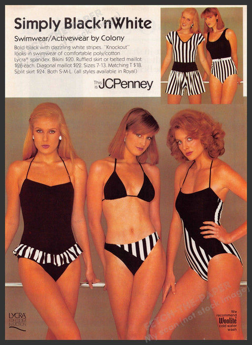 JCPenney Colony Swimwear 1980s Print Advertisement 1983 Girls Legs Black White Fetch-the-Paper