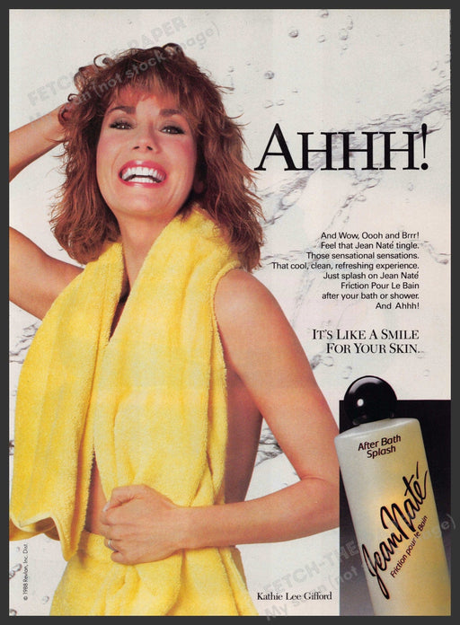 Jean Nate Body Splash 1980s Print Advertisement 1989 Kathie Lee Gifford Fetch-the-Paper