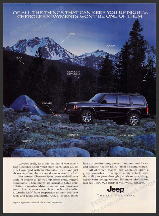 Jeep Cherokee 1990s Magazine Print Advertisement 1998 Nighttime in Nature Fetch-the-Paper