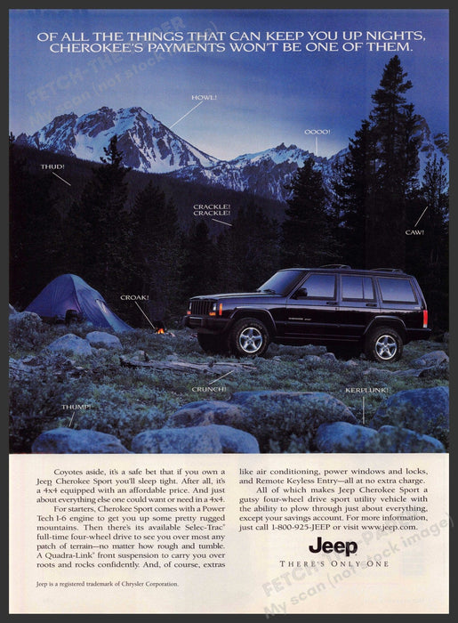Jeep Cherokee 1990s Magazine Print Advertisement 1998 Nighttime in Nature Fetch-the-Paper
