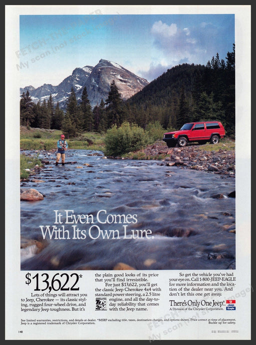 Jeep Cherokee 1990s Print Advertisement 1993 "It even comes with its own lure" Fetch-the-Paper