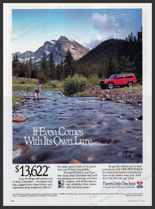Jeep Cherokee 1990s Print Advertisement 1993 "It even comes with its own lure" Fetch-the-Paper