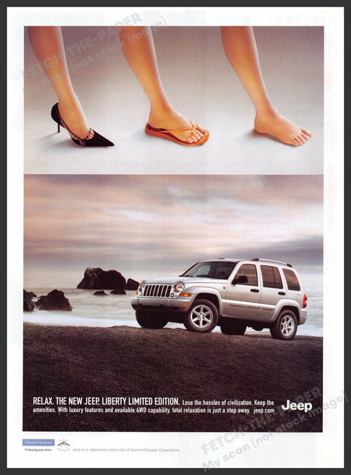 Jeep Liberty 2000s Print Advertisement 2005 Legs Bare Foot to Shoe Fetch-the-Paper