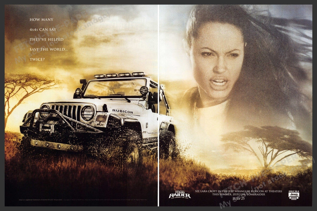 Jeep Wrangler Rubicon 2000s Print Ad (2 page) 2003 Tomb Raider Lara Croft Fetch-the-Paper