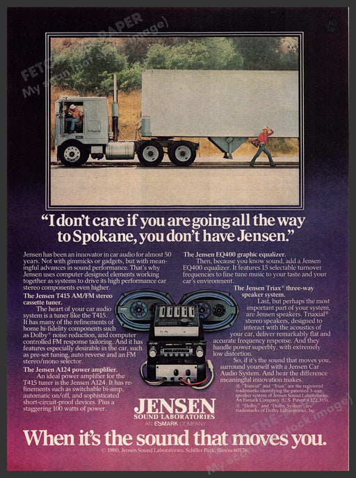Jensen T415 AM/FM 1980s Print Advertisement 1981 Trucker "Sound that moves you" Fetch-the-Paper