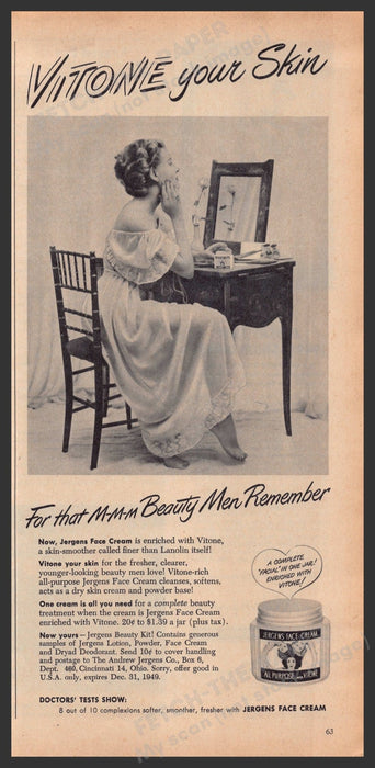 Jergens Face Cream with Vitone 1940s Print Advertisement Ad 1949 Vanity Fetch-the-Paper