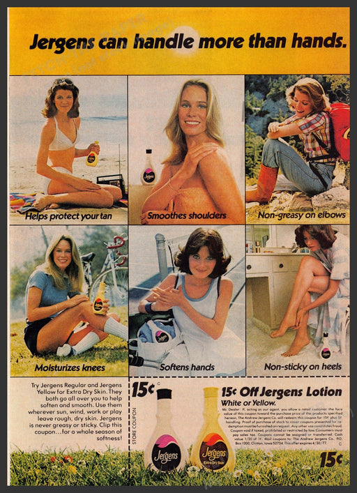 Jergens Lotion 1970s Print Advertisement 1976 "Can handle more than hands" Fetch-the-Paper
