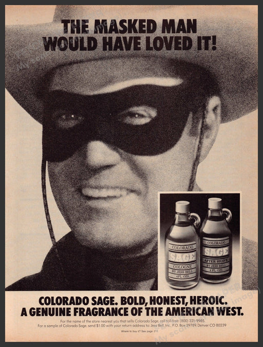 Jess Bell Colorado Sage Cologne Clayton Moore 1970s Print Advertisement 1977 Fetch-the-Paper