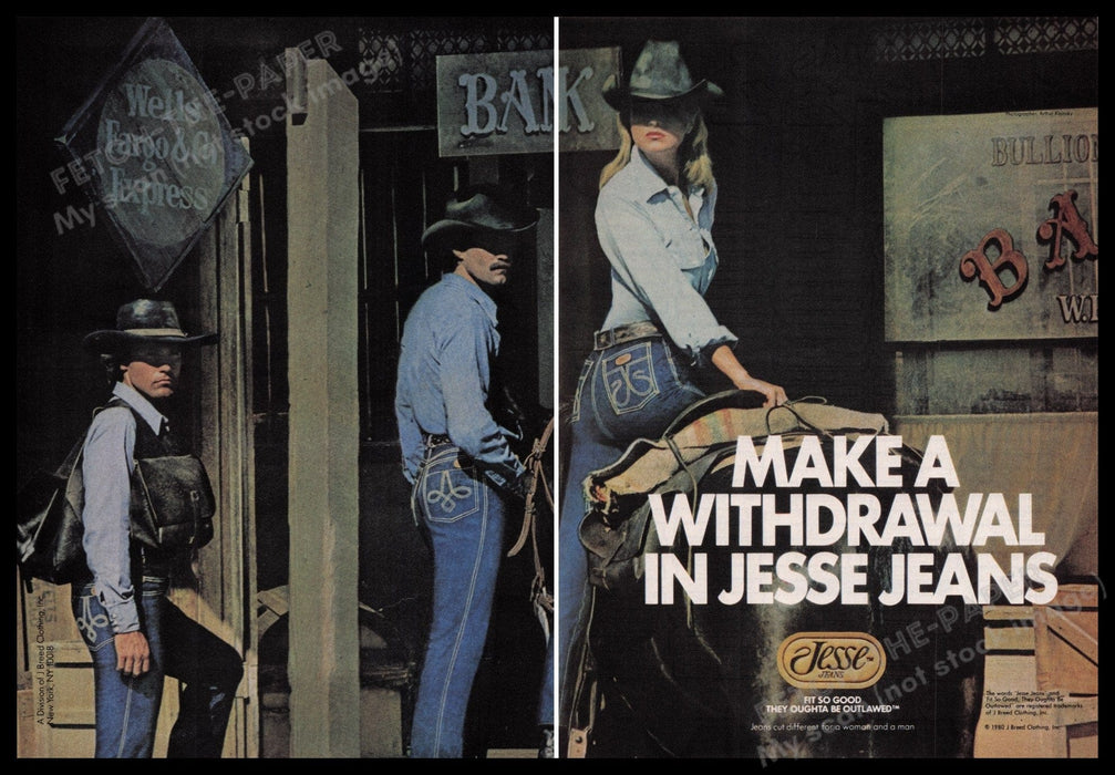 Jesse Jeans Western 1980s Print Advertisement (2 pages) 1980 Sexy Girl Fetch the Paper!