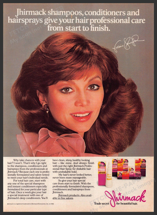 Jhirmack Victoria Principal 1980s Print Advertisement 1982 Big Hair Products Fetch-the-Paper