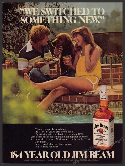 Jim Beam 1970s Print Advertisement 1979 Sitting Pool Golden Retriever Dog Fetch-the-Paper