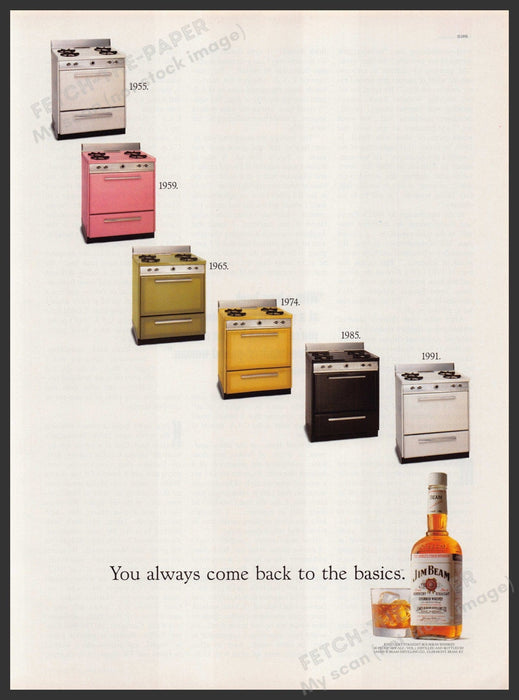 Jim Beam 1990s Print Advertisement 1991 Stove "Always come back to the basics" Fetch-the-Paper