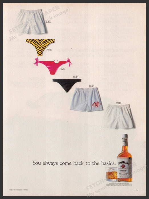 Jim Beam Underwear 1990s Print Advertisement 1990 "come back to the basics" Fetch-the-Paper