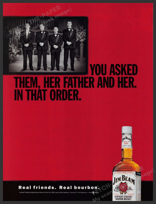 Jim Beam Whiskey 2000s Print Advertisement 2001 Wedding Groomsmen Fetch-the-Paper