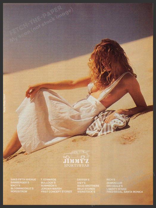 Jimmy'z Sportswear Clothing 1980s Print Advertisement Ad 1987 Bare Beach Sand Fetch-the-Paper