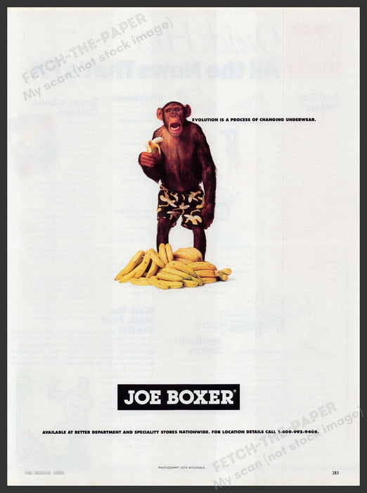 Joe Boxer 1990s Print Advertisement Ad 1993 Chimpanzee Bananas Evolution Fetch-the-Paper