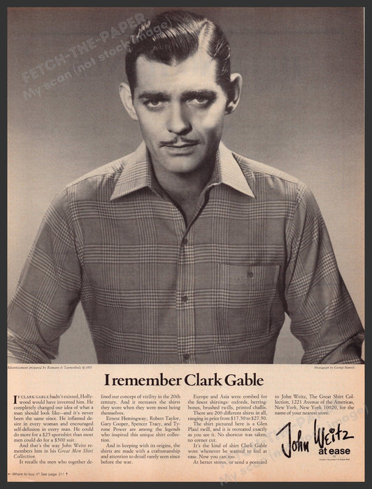 John Weitz Shirt Collection Clark Gable 1970s Print Advertisement Ad 1977 Fetch-the-Paper
