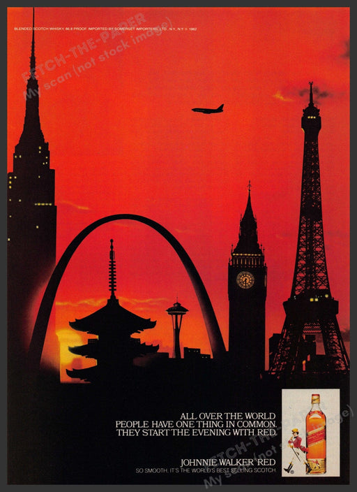 Johnnie Walker Red 1980s Print Advertisement 1984 Sunset Arch, Big Ben, Eiffel Fetch-the-Paper
