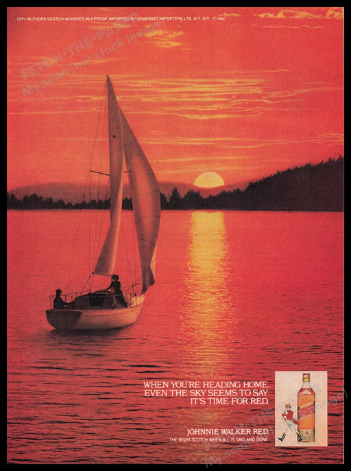 Johnnie Walker Red 1980s Print Advertisement Ad 1980 Sailboat Red Sky Fetch the Paper!