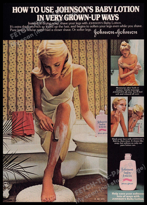 Johnson's Baby Lotion 1970s Print Advertisement 1977 Shaving Legs Skin Face Johnson's Baby Lotion