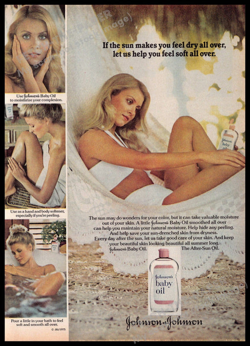 Johnson's Baby Oil 1970s Print Advertisement 1977 Legs Sun Hammock Soft Skin Johnson's Baby Oil