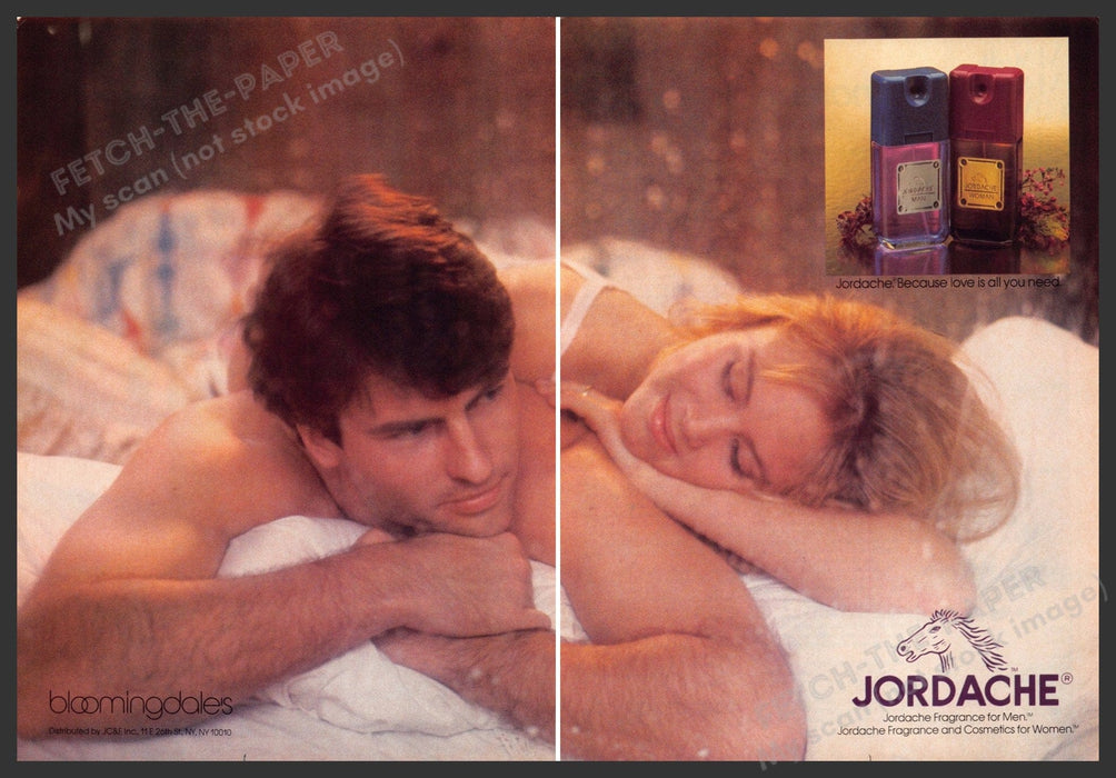 Jordache 1980s Print Advertisement (2 page Centerfold) 1983 Fragrance Couple Bed Fetch-the-Paper