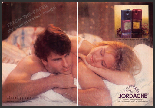 Jordache 1980s Print Advertisement (2 page Centerfold) 1983 Fragrance Couple Bed Fetch-the-Paper