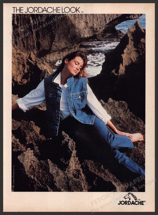 Jordache Jean Clothing 1980s Print Advertisement 1983 Rock Beach Fetch-the-Paper