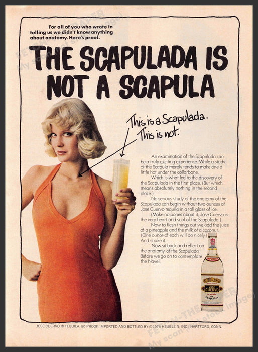 Jose Cuervo Scapulada 1970s Print Advertisement 1976 Scapula Bone Blonde Woman Fetch-the-Paper