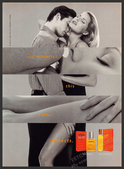 Jovan Musk 1990s Print Advertisement Ad 1994 Kissing Attracts Couple Jovan Musk