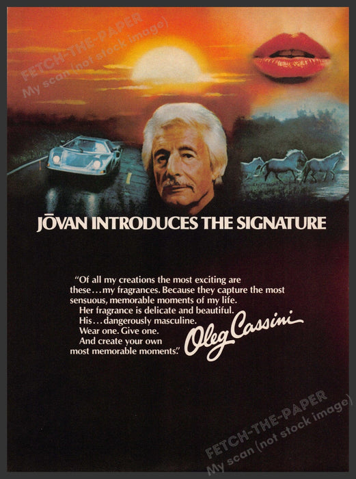 Jovan Oleg Cassini 1970s Print Advertisement 1979 "The Signature" Fetch-the-Paper