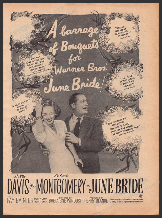 "June Bride!" Movie Release 1940s Print Advertisement Ad 1948 Bette Davis Fetch-the-Paper