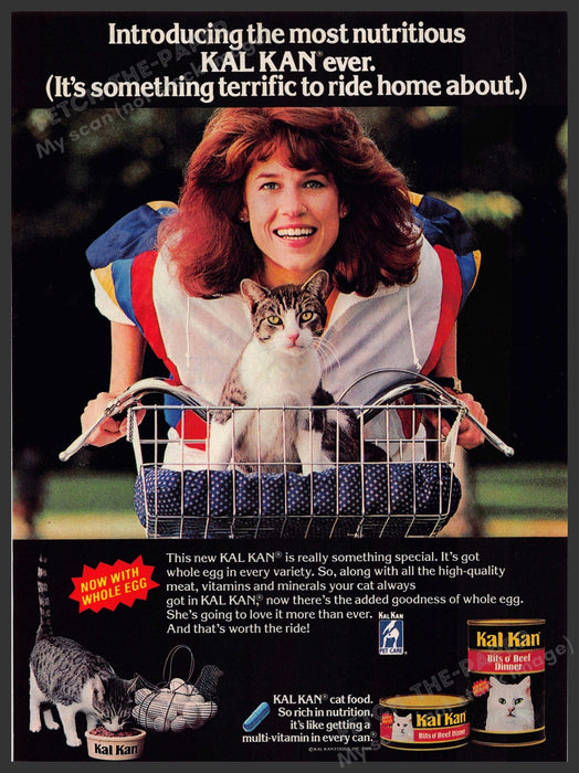 Kal Kan 1980s Magazine Print Advertisement 1986 Cat Bicycle Basket Kal Kan