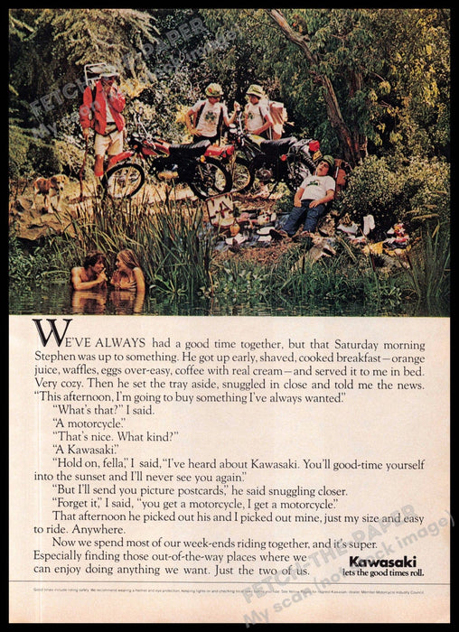 Kawasaki Motorcycles 1970s Magazine Print Ad 1975 Skinny Dipping Couple Kawasaki