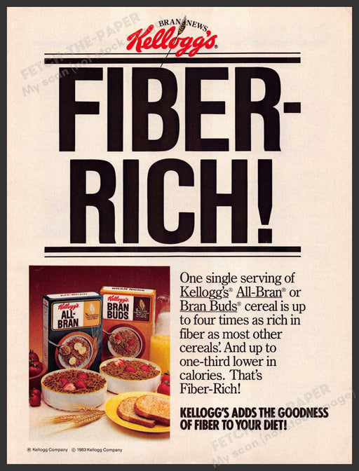 Kellogg's 1980s Magazine Print Advertisement 1983 Bran Fiber-rich Kellogg's