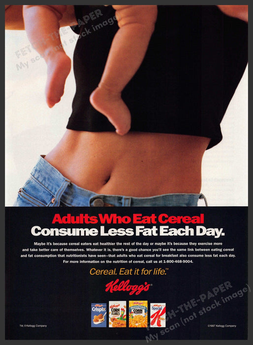 Kellogg's 1990s Magazine Print Advertisement 1998 Flat Stomach Thin Model Fetch-the-Paper
