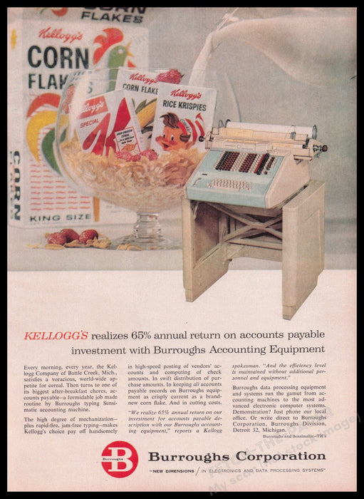 Kellogg's Corn Flakes Burroughs Accounting 1950s Print Advertisement Ad 1959 Fetch the Paper!