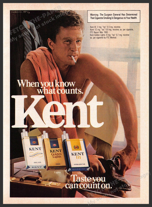 Kent 1980s Magazine Print Advertisement 1984 Cigarettes Locker Room Businessman Fetch-the-Paper