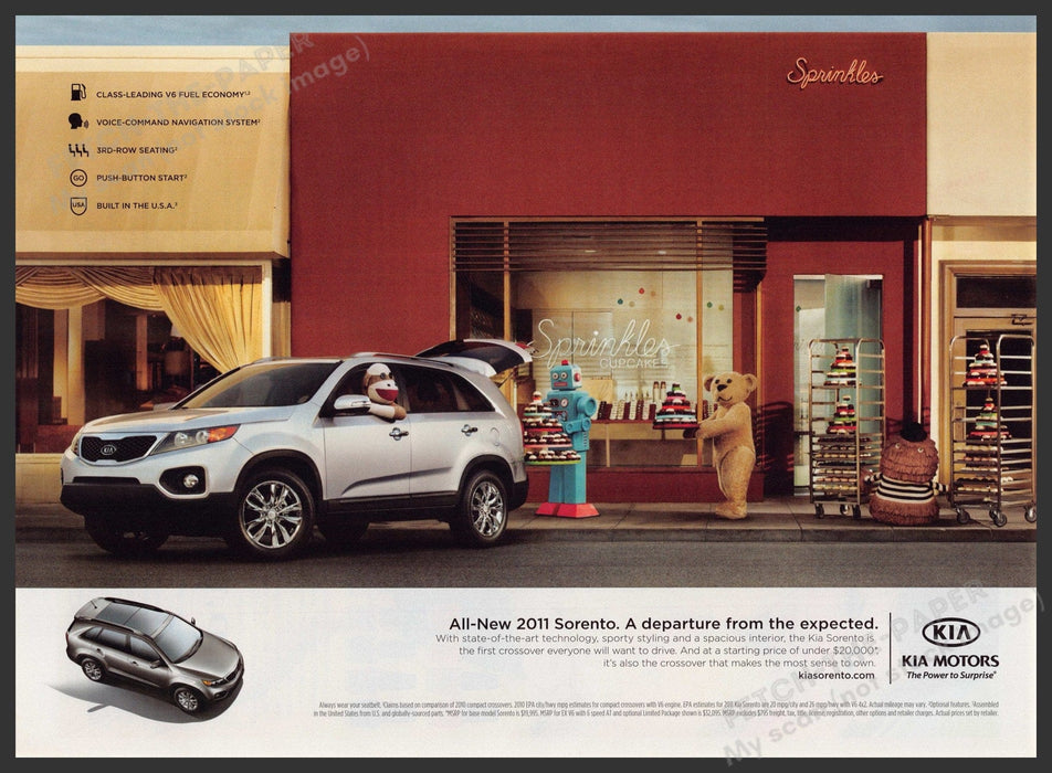 Kia Sorento 2010s Print Advertisement Ad 2010 Sprinkles Bakery Plushies Fetch-the-Paper