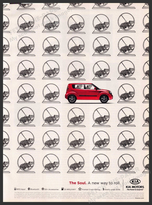 Kia Soul 2000s Print Advertisement Ad 2009 Hamster Wheel "A new way to roll" Kia